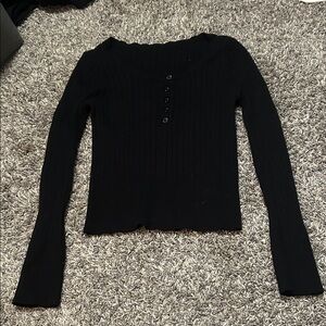 SHEIN Black Ribbed Scoop Neck Button-Front Sweater